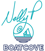 Nelly P at Boat Cove - logo with Nelly P's signature, a sailing boat in a round icon, with Boat Cove writing