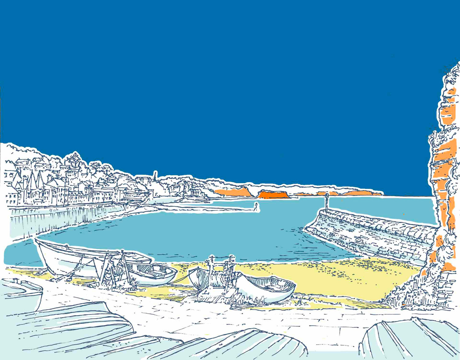 Nelly P's illustration of Boat Cove, Dawlish, Devon, UK - a line drawing illustration in blue lines, showing small blue boats in the foreground, fishing boats on a slipway, the Boat Cove breakwater on the right and Dawlish town and sea wall on the left, yellow sand , blue sea, and deep blue sky